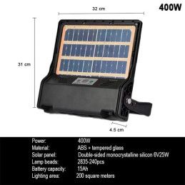 Reflector Led Solar 400W Impermeable IP69 Ultradelgado Vidrio Templado Panel Solar Integrado