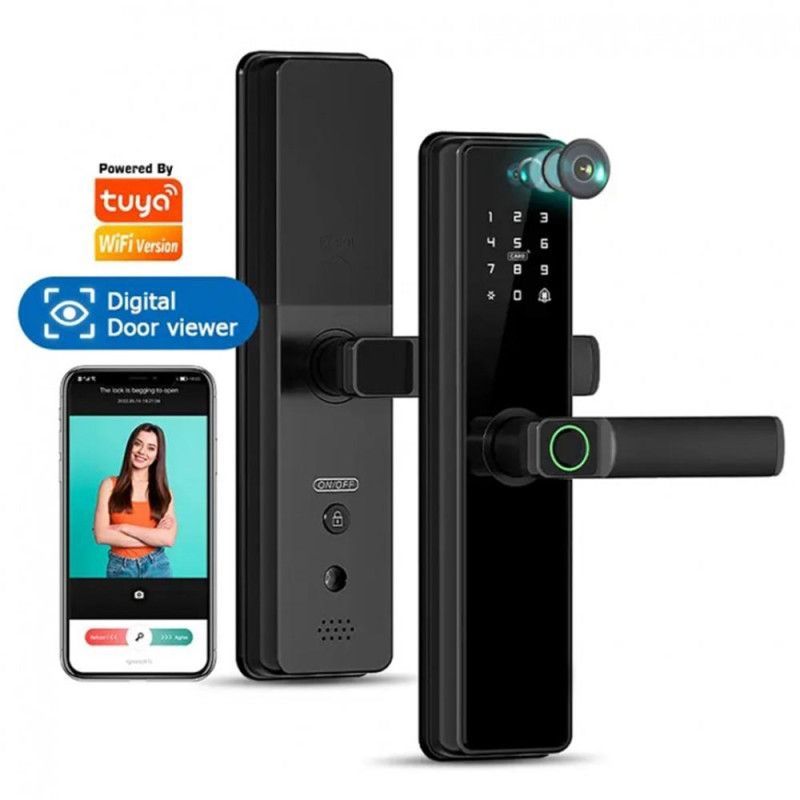 Cerradura Smart  Video Portero Wifi 2.4 Ghz Tuya B2-PRO Cámara Lector de Huella Digital Llave Tarjeta Manija Reversible