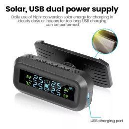 Monitor Solar de Presión de Neumáticos Volttak TPMS 4 Sensores Externos En tiempo real Temperatura Reloj Alerta fuga de aire