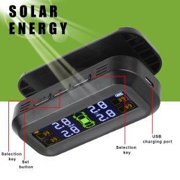 Monitor Solar de Presión de Neumáticos Volttak TPMS 4 Sensores Externos En tiempo real Temperatura Reloj Alerta fuga de aire