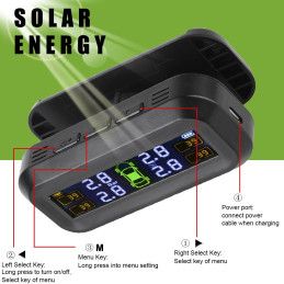 Monitor Solar de Presión de Neumáticos Volttak TPMS 4 Sensores Externos En tiempo real Temperatura Reloj Alerta fuga de aire
