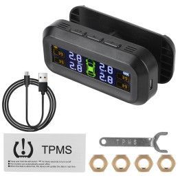 Monitor Solar de Presión de Neumáticos Volttak TPMS 4 Sensores Externos En tiempo real Temperatura Reloj Alerta fuga de aire