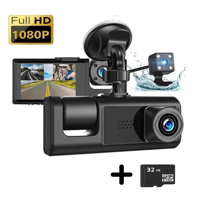 Cámara de Auto Triple Frontal Cabina y Retroceso + MicroSD 32 GB