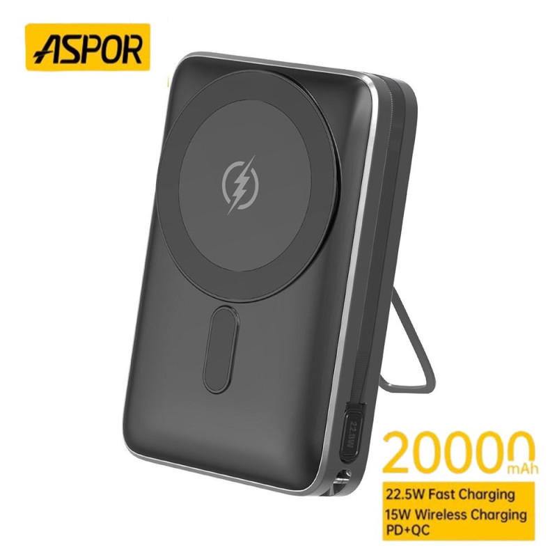 Batería Externa Portátil ASPOR 20 000 mAh Negro A386 Carga Rápida Inalámbrica