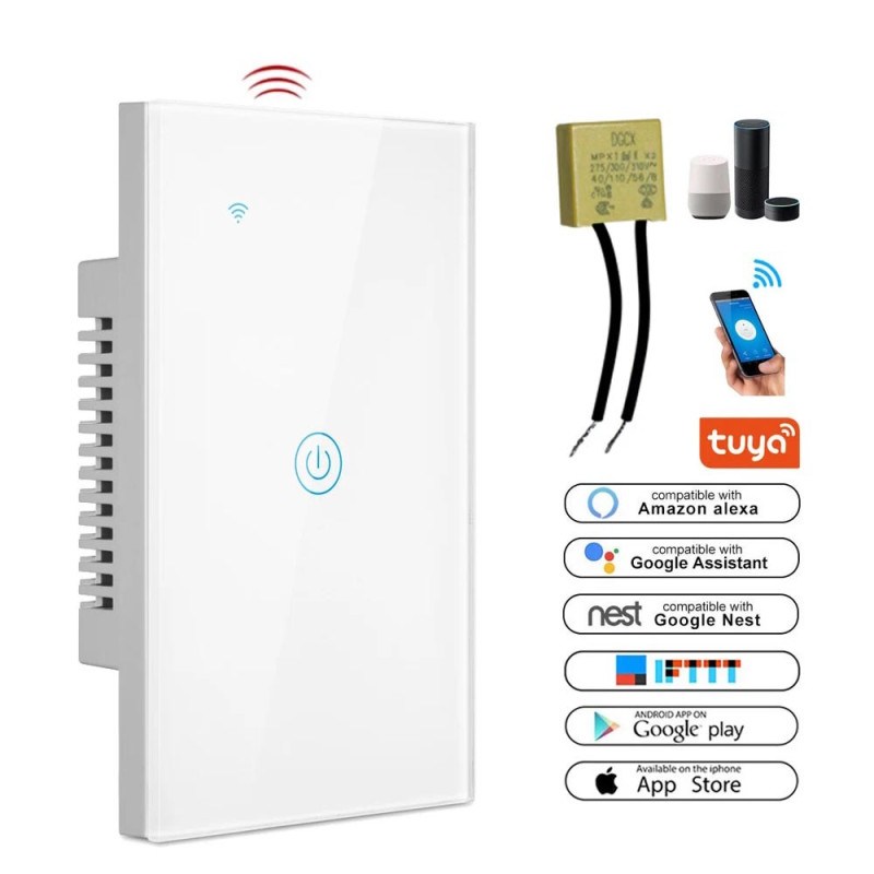 Interruptor Tactil Blanco Wifi Inteligente TUYA 1 Canal + Capacitor Alexa y Google Home PST-WT-U1