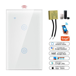 Interruptor Táctil Blanco Wifi Inteligente 2 Canales + Capacitor Compatible Alexa y Google Home Tuya-Wt-U2 +APP