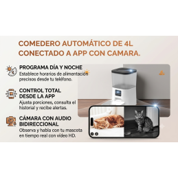 Comedero Smart Automático TUYA PST-DU4LB-VS, Wifi con cámara HD Para Mascotas, App para gestión en Remoto, Interacción por Voz