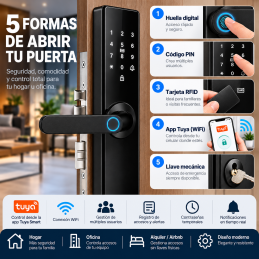 Cerradura Inteligente WiFi PST-Z17 TY | Huella Digital, Tarjeta, App Tuya, Teclado y Llave Mecánica